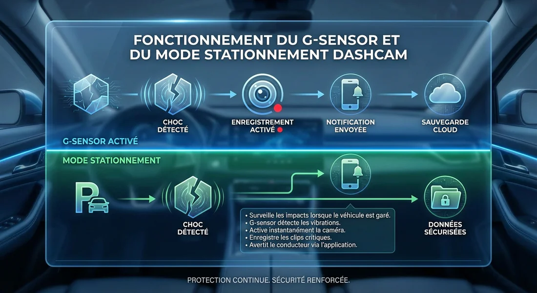 Schéma explicatif du mode parking et du capteur de choc d'une dashcam