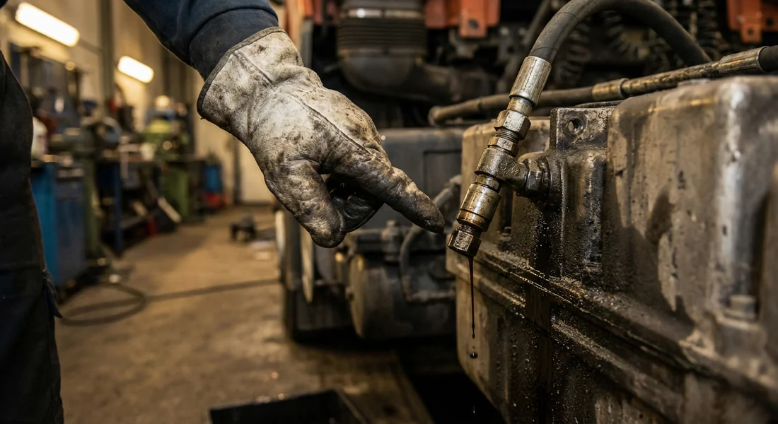 Identification d'une fuite d'huile sur un raccord hydraulique de camion.