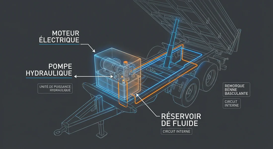 Schéma des composants d'un groupe hydraulique pour remorque benne.