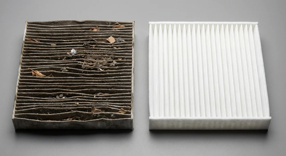 Comparaison entre un filtre d'habitacle encrassé et un filtre neuf pour Mini.