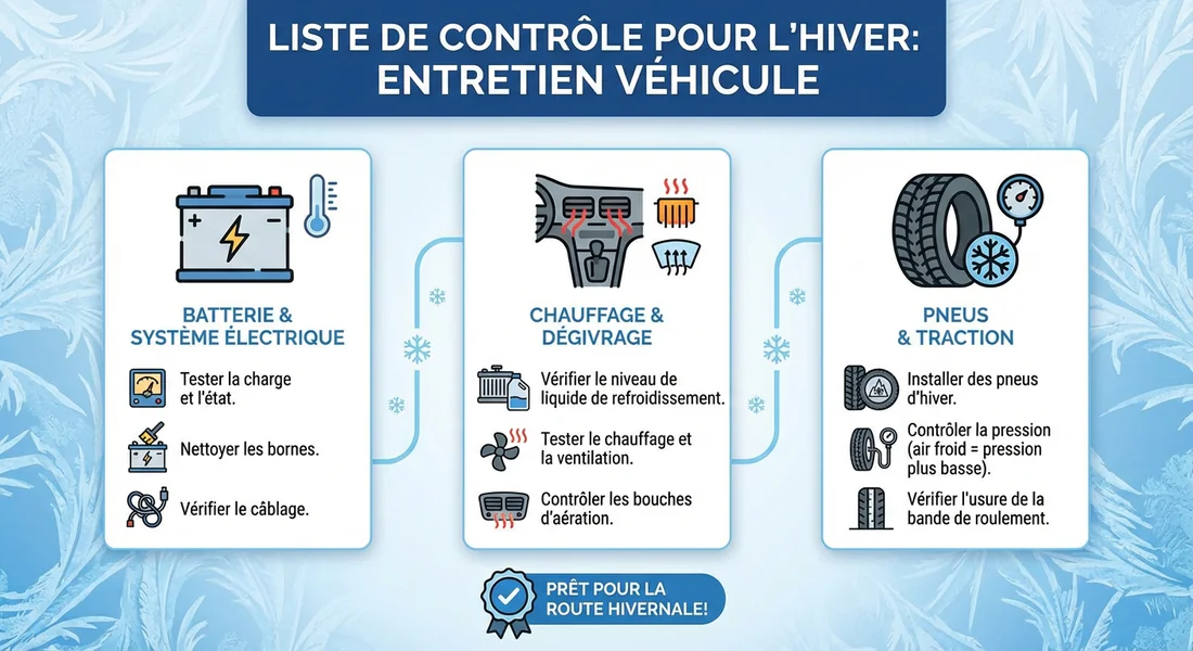 Infographie des points de contrôle pour l'entretien hivernal d'une voiture.
