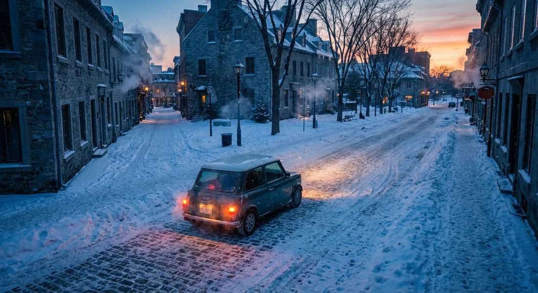 Mini Cooper stationnée sous la neige par une matinée glaciale.