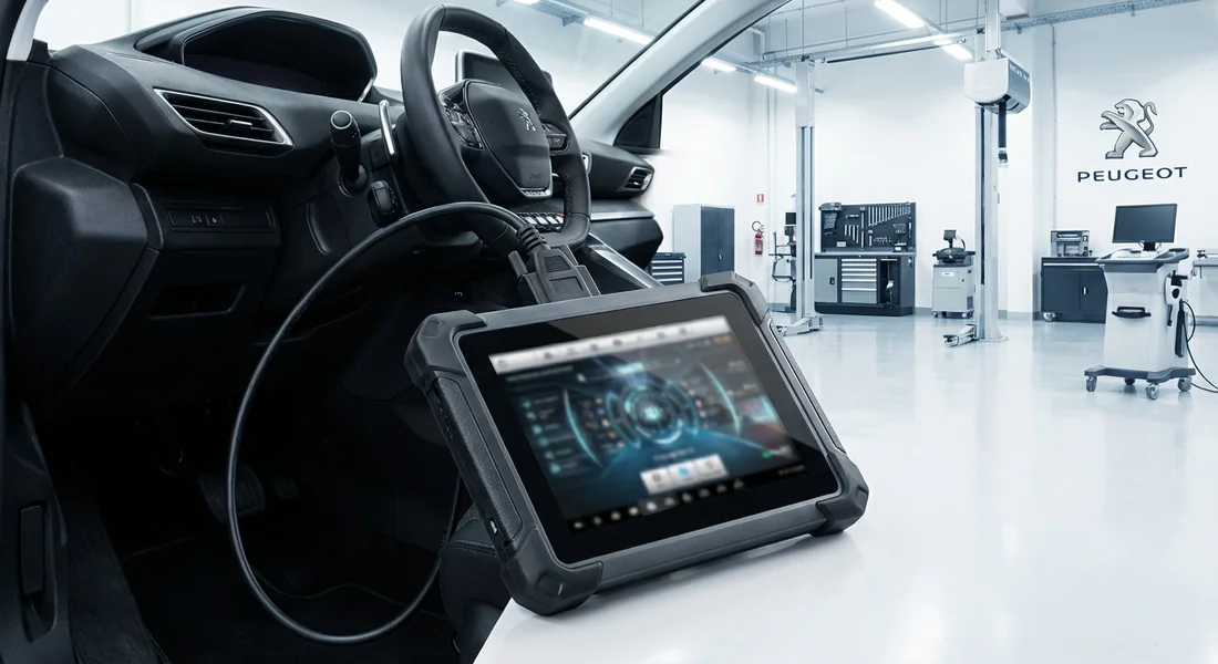 Outil de diagnostic professionnel branché sur une borne OBD d'un véhicule électrique