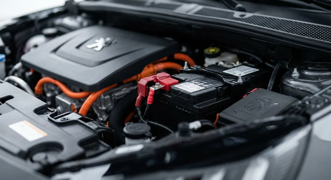 Vue de la batterie 12V auxiliaire sous le capot d'une Peugeot e-208