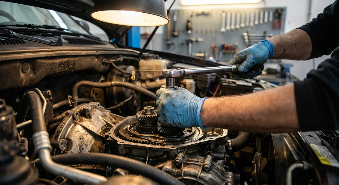 Mécanicien intervenant sur la boîte de vitesses d'une Clio pour corriger le code DF311.