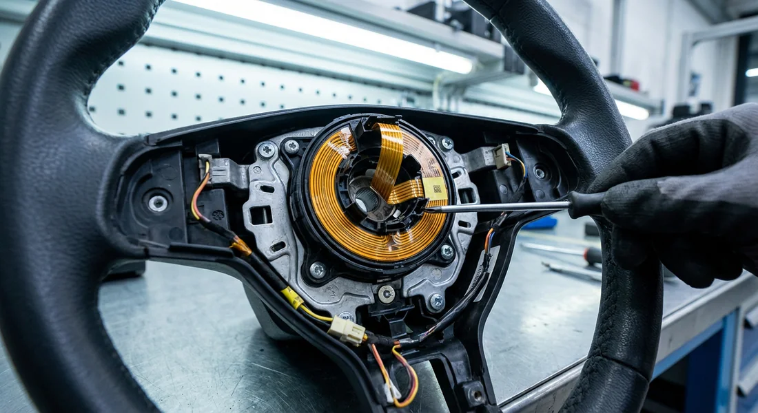 Contacteur tournant d'airbag derrière le volant d'une Renault.