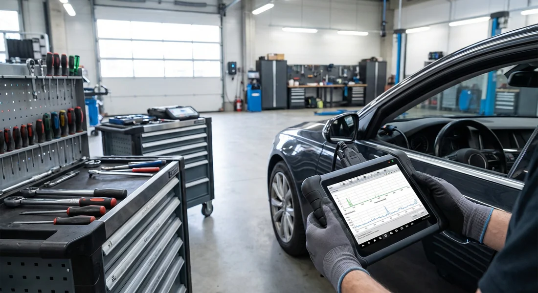 Mécanicien effectuant un diagnostic électronique sur une Renault avec une valise OBD.