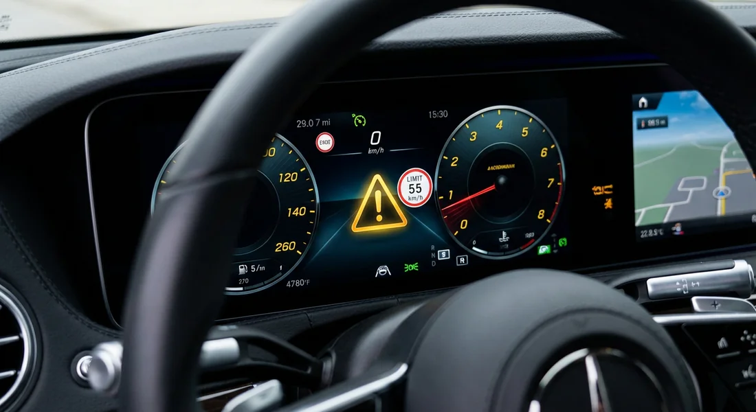 Icône d'alerte et symbole du limiteur de vitesse sur tableau de bord Mercedes