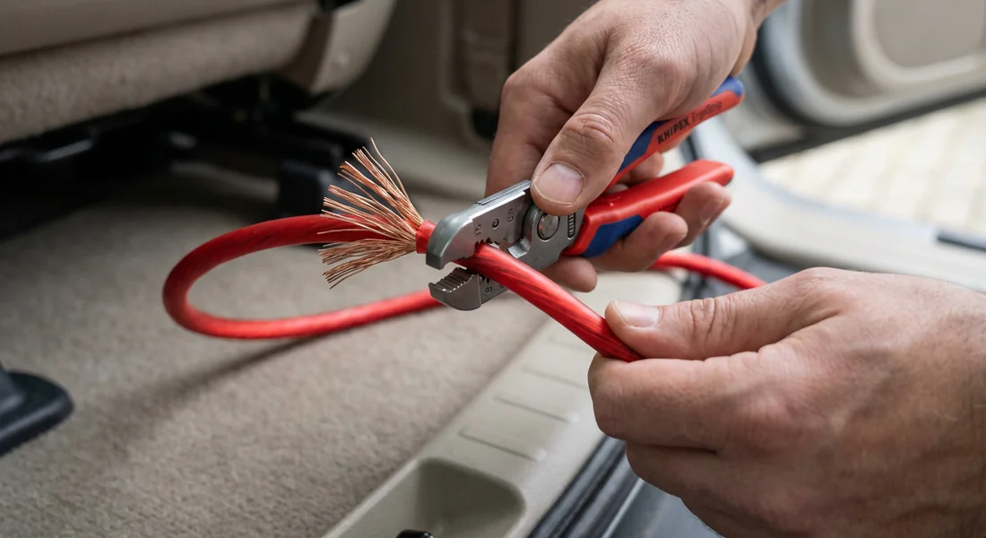 Dénudage des fils de haut-parleurs pour le raccordement du caisson de basse.
