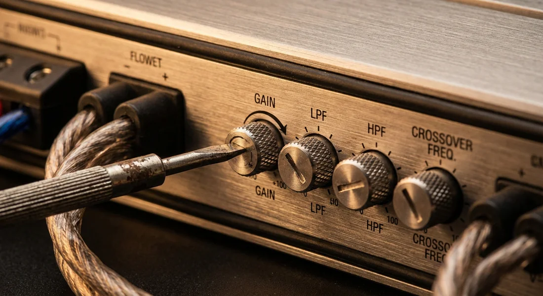 Réglage des potentiomètres de gain et de fréquence sur un amplificateur.