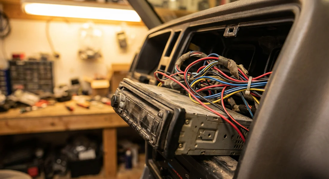 Vue arrière d'un autoradio d'origine extrait de son logement avec son faisceau de câbles.