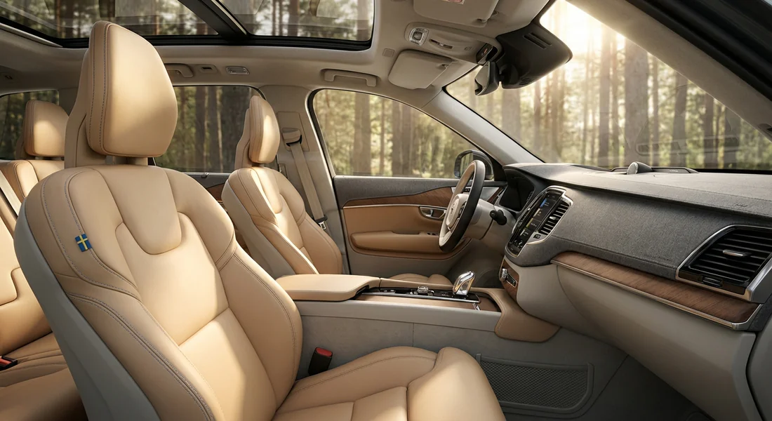 Intérieur haut de gamme d'un Volvo XC90 avec finitions en cuir et bois.