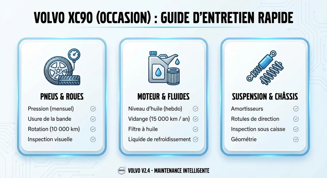 Schéma des points de contrôle essentiels lors de l'achat d'un Volvo XC90 d'occasion.